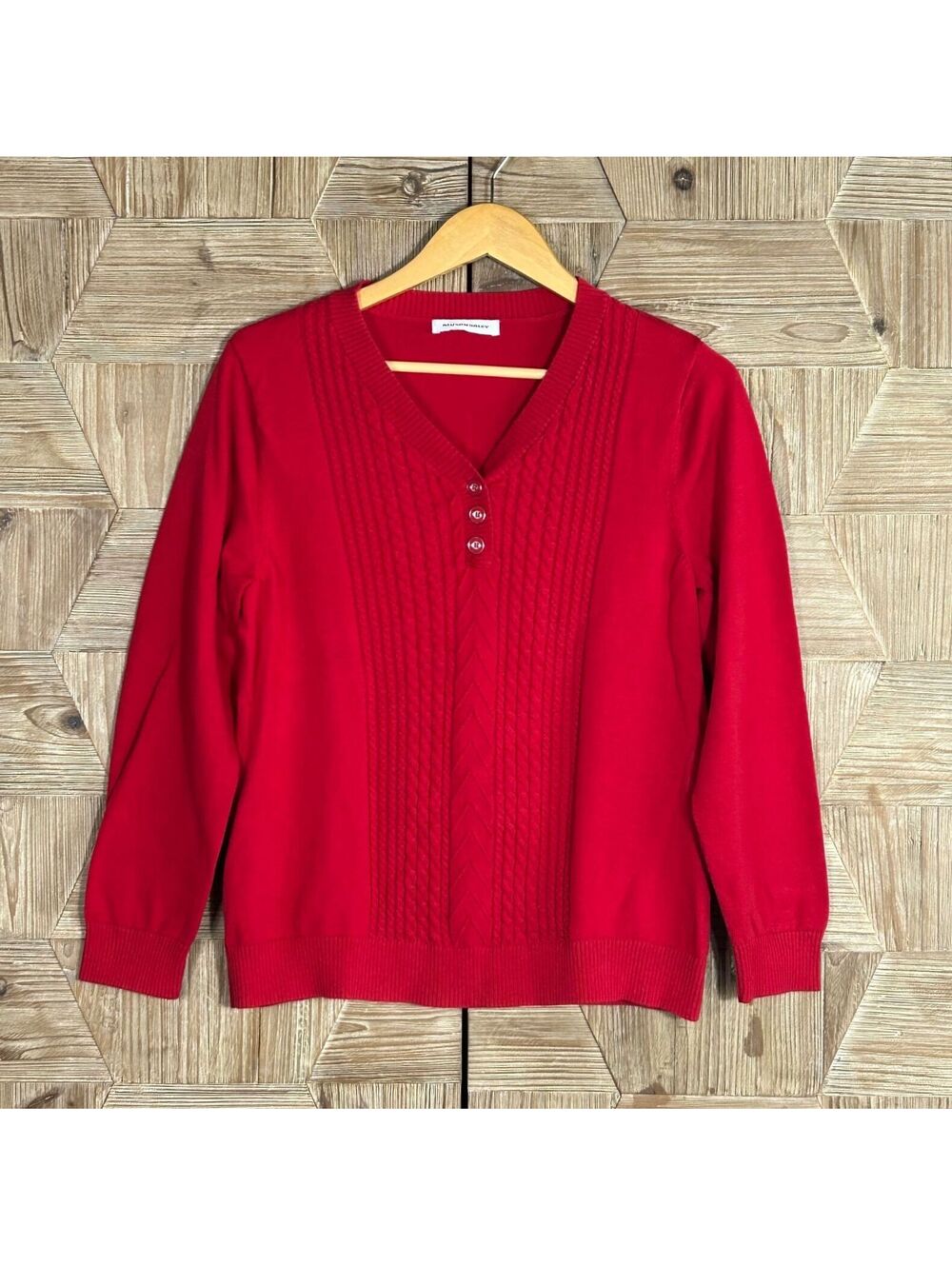Allison Daley Cozycore Red Henley V-Neck Knit Sweater Long Sleeve